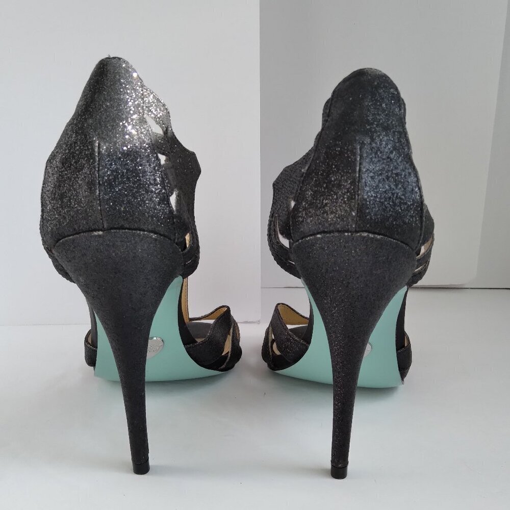 Betsey Johnson Black Suede Silver Glitter Cut Out Stiletto TStrap Sandals Sz 9.5 - Picture 5 of 13